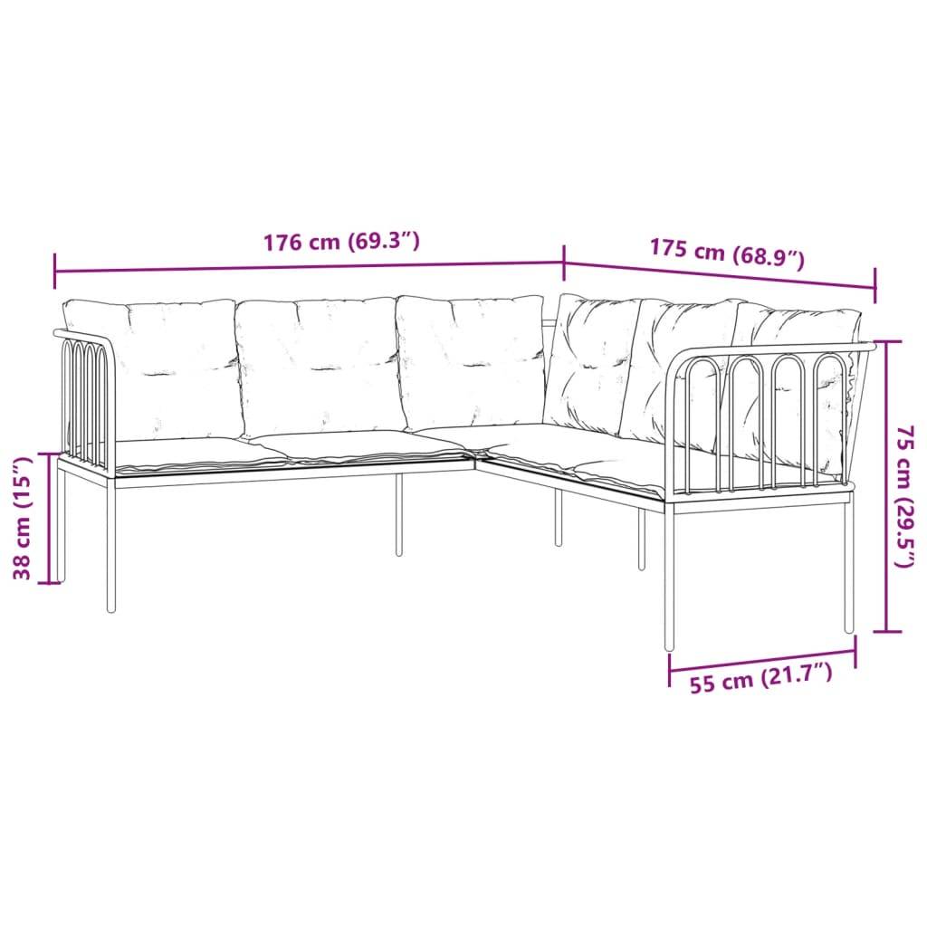 vidaXL Gartensofa in L-Form mit Kissen Schwarz Stahl und Textilene