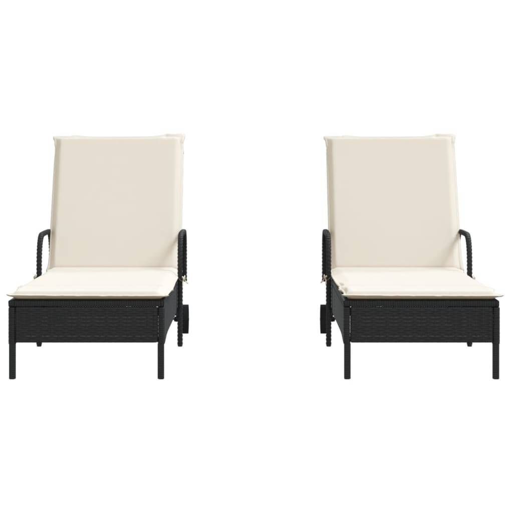 vidaXL Sonnenliegen mit Auflagen 2 Stk. Schwarz Poly Rattan