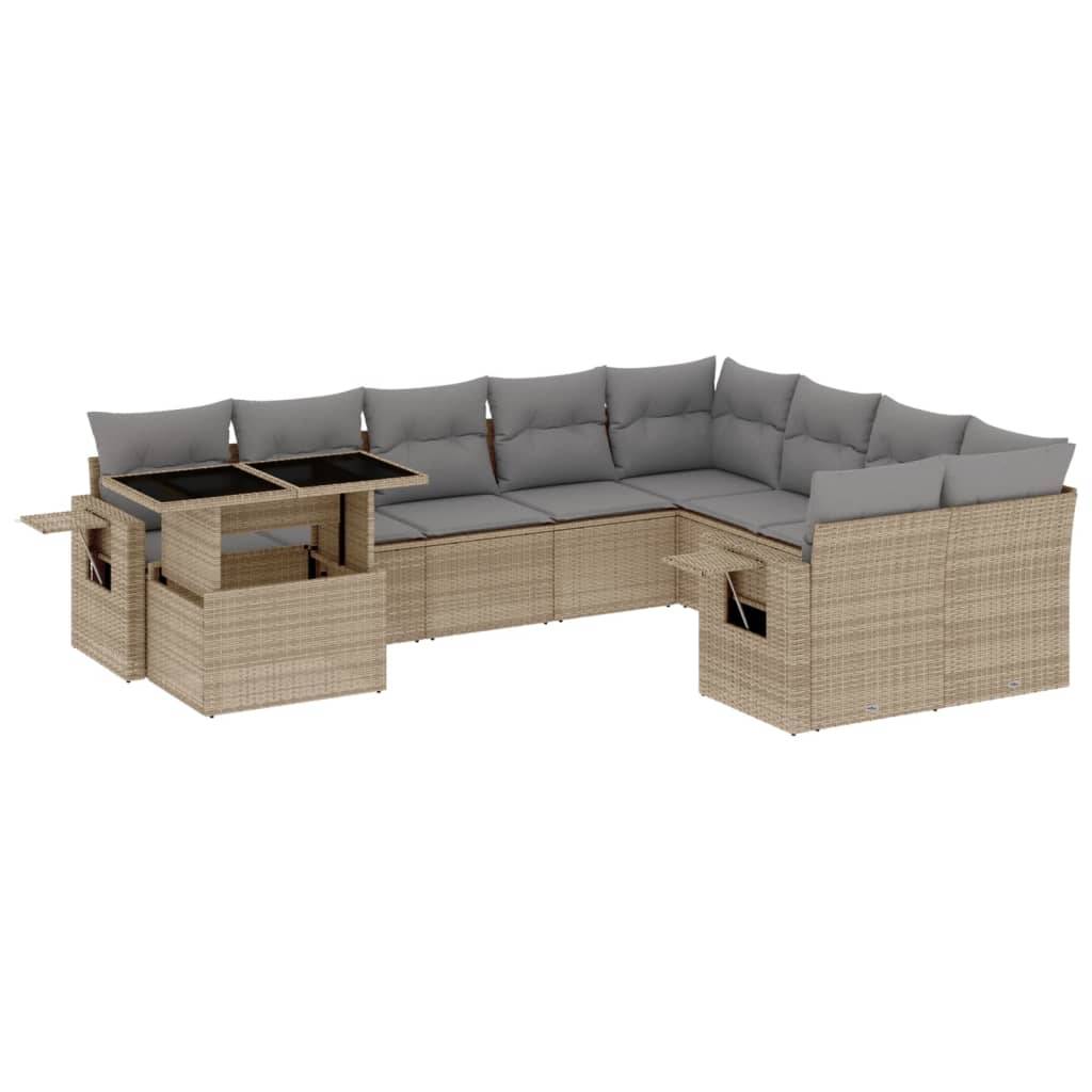 vidaXL 10-tlg. Garten-Sofagarnitur mit Kissen Beige Poly Rattan