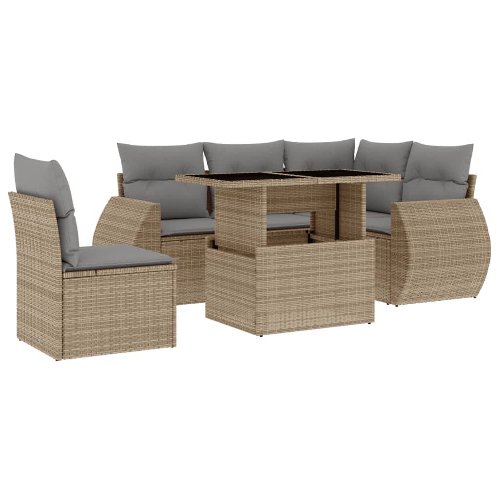 vidaXL 6-tlg. Garten-Sofagarnitur mit Kissen Beige Poly Rattan