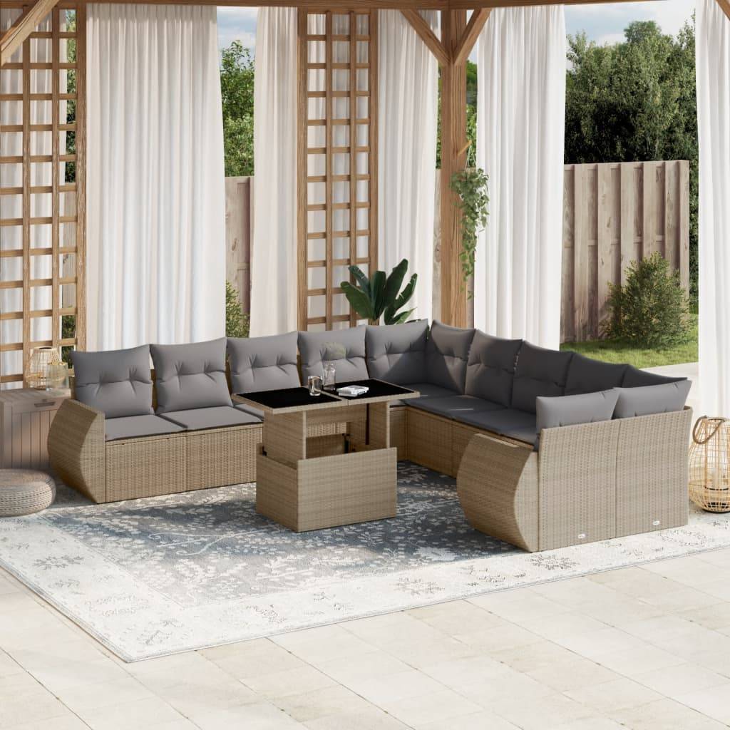 vidaXL 11-tlg. Garten-Sofagarnitur mit Kissen Beige Poly Rattan
