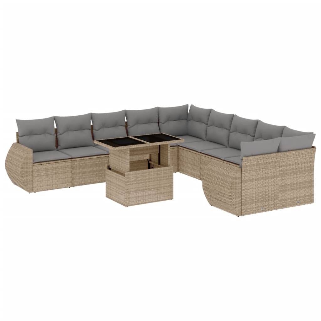 vidaXL 11-tlg. Garten-Sofagarnitur mit Kissen Beige Poly Rattan