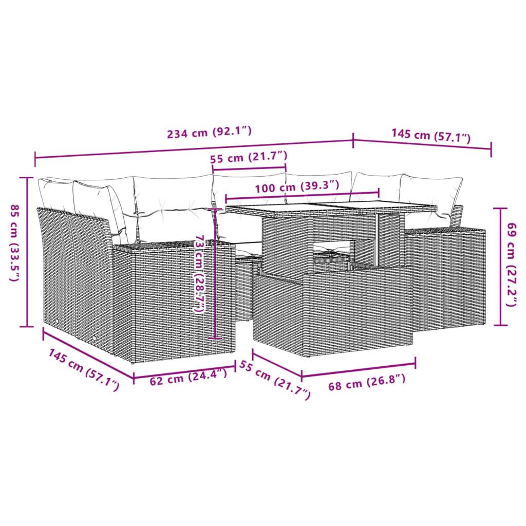 vidaXL 7-tlg. Garten-Sofagarnitur mit Kissen Braun Poly Rattan