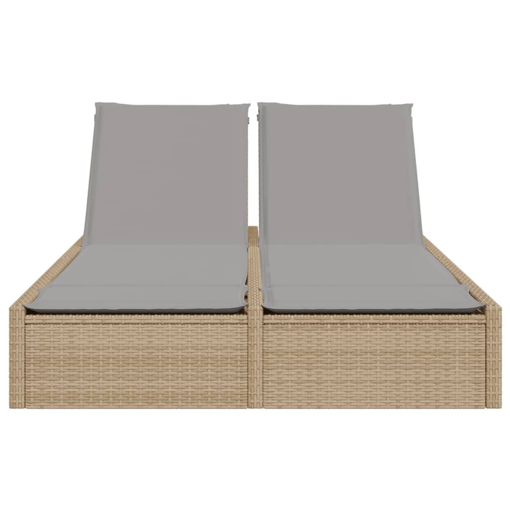 vidaXL Doppel-Sonnenliege mit Auflagen Beige Poly Rattan