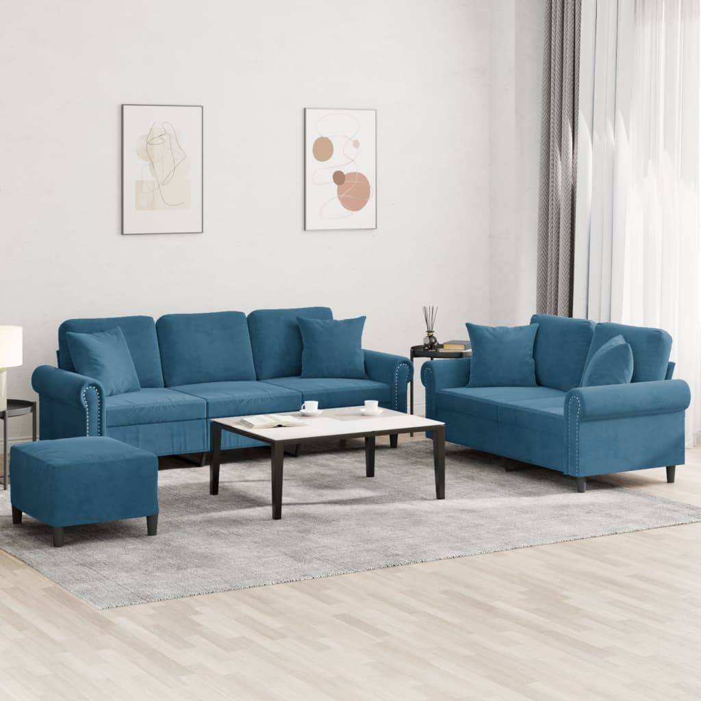 vidaXL 3-tlg. Sofagarnitur mit Kissen Blau Samt