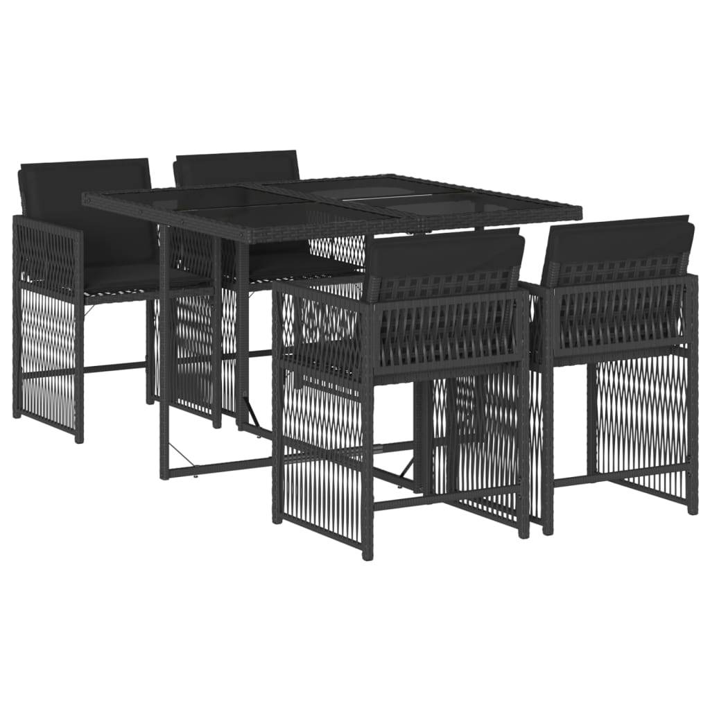 vidaXL 5-tlg. Garten-Essgruppe mit Kissen Schwarz Poly Rattan