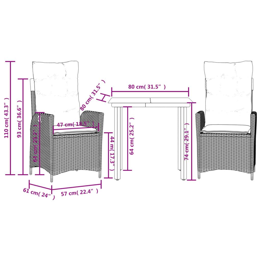 vidaXL 3-tlg. Garten-Essgruppe mit Kissen Braun Poly Rattan