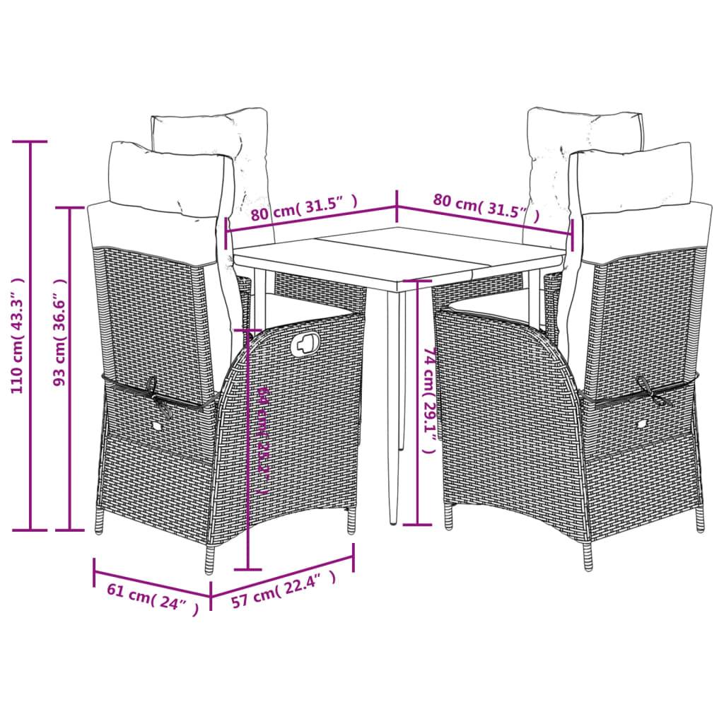 vidaXL 5-tlg. Garten-Essgruppe mit Kissen Braun Poly Rattan