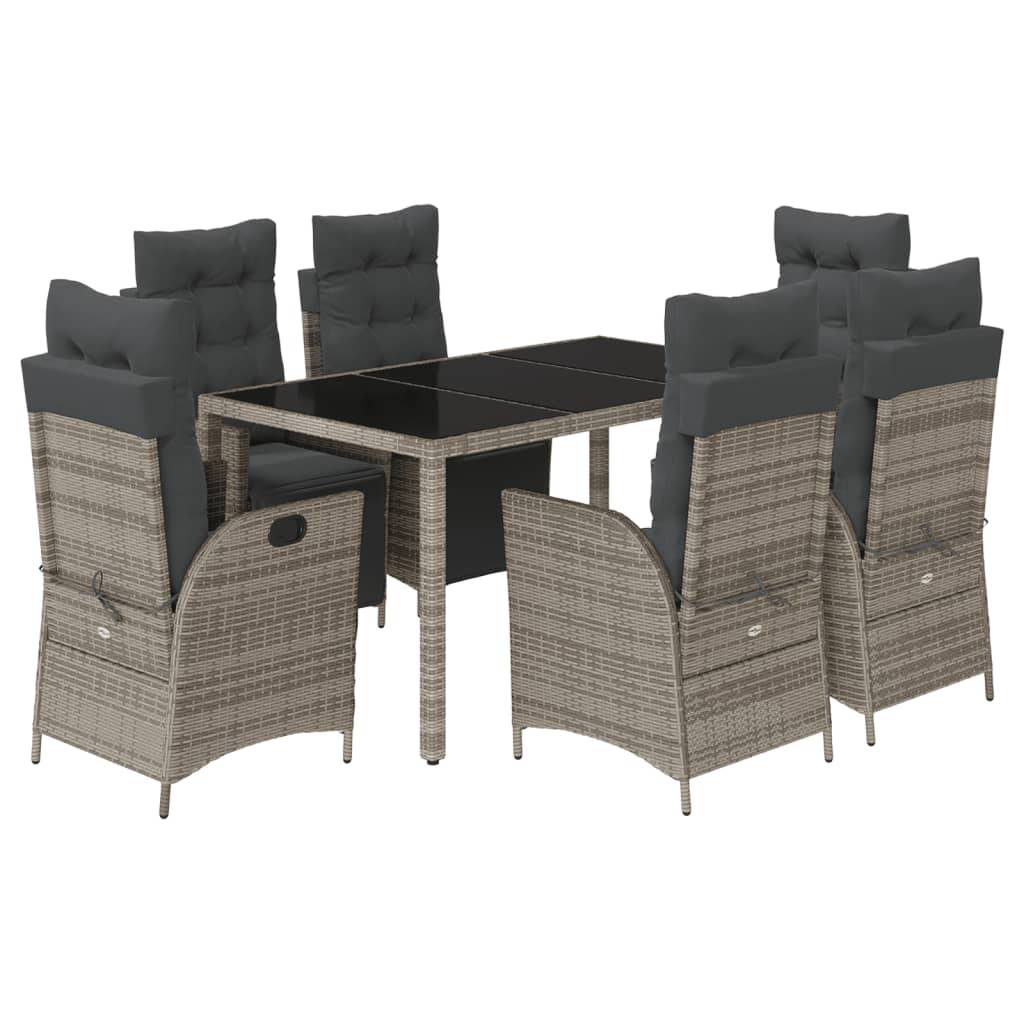 vidaXL 7-tlg. Garten-Essgruppe mit Kissen Grau Poly Rattan