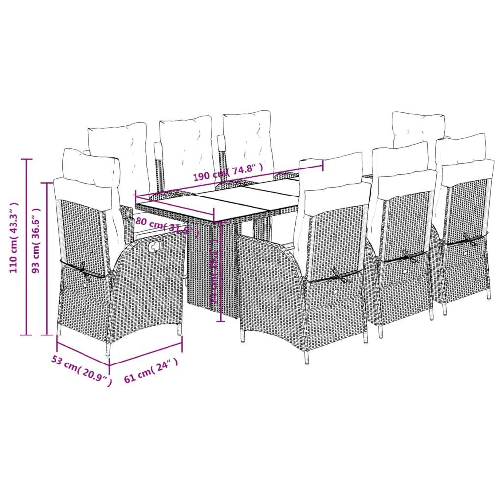 vidaXL 9-tlg. Garten-Essgruppe mit Kissen Grau Poly Rattan