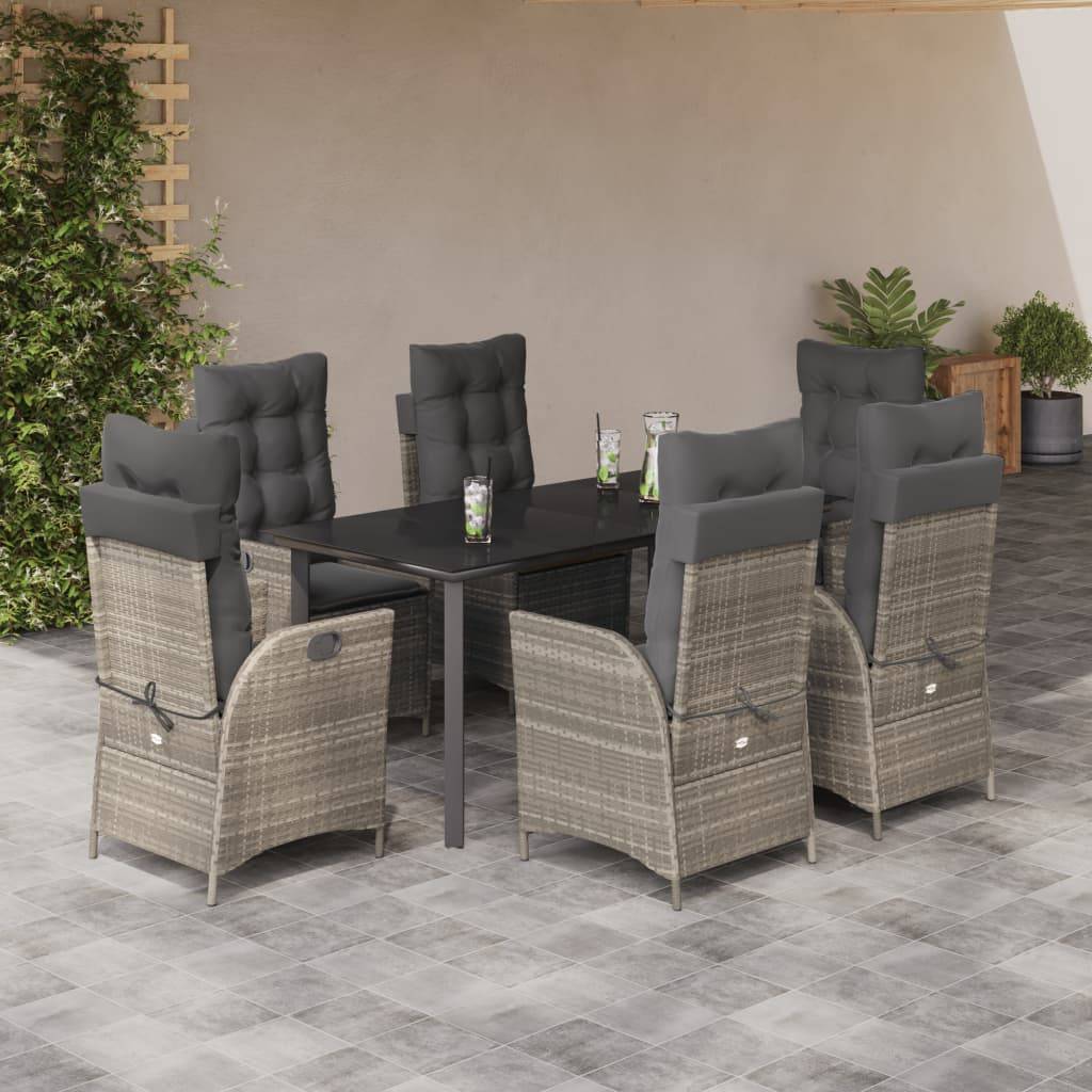 vidaXL 7-tlg. Garten-Essgruppe mit Kissen Hellgrau Poly Rattan