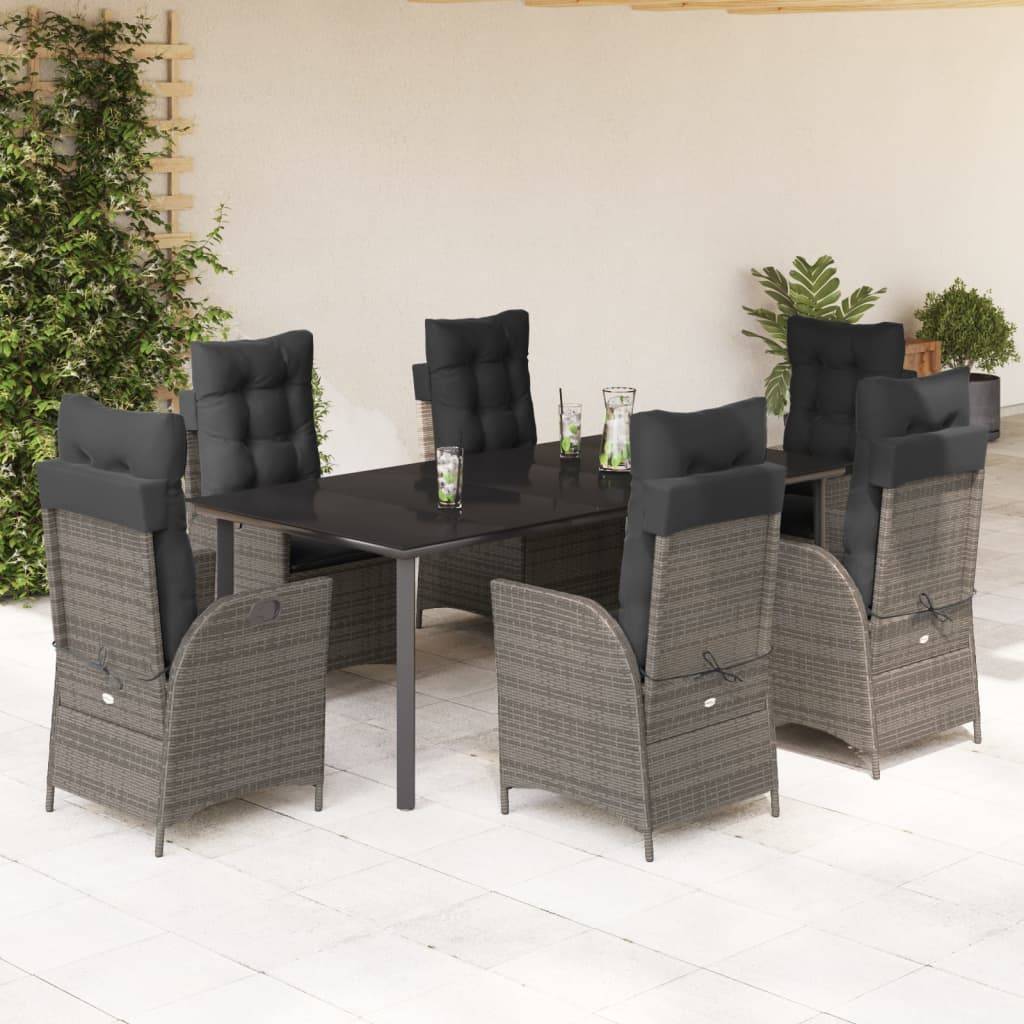 vidaXL 7-tlg. Garten-Essgruppe mit Kissen Grau Poly Rattan