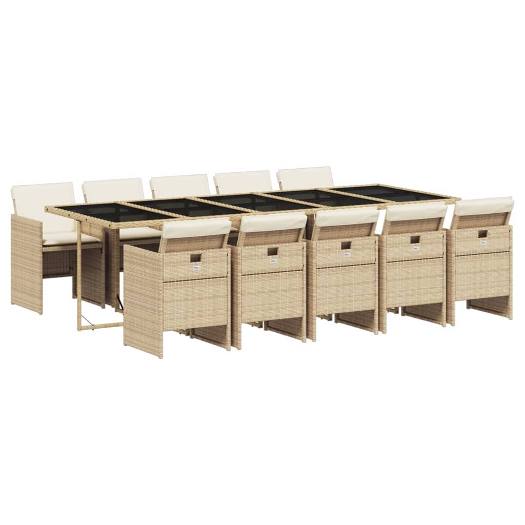 vidaXL 11-tlg. Garten-Essgruppe mit Kissen Beige Poly Rattan