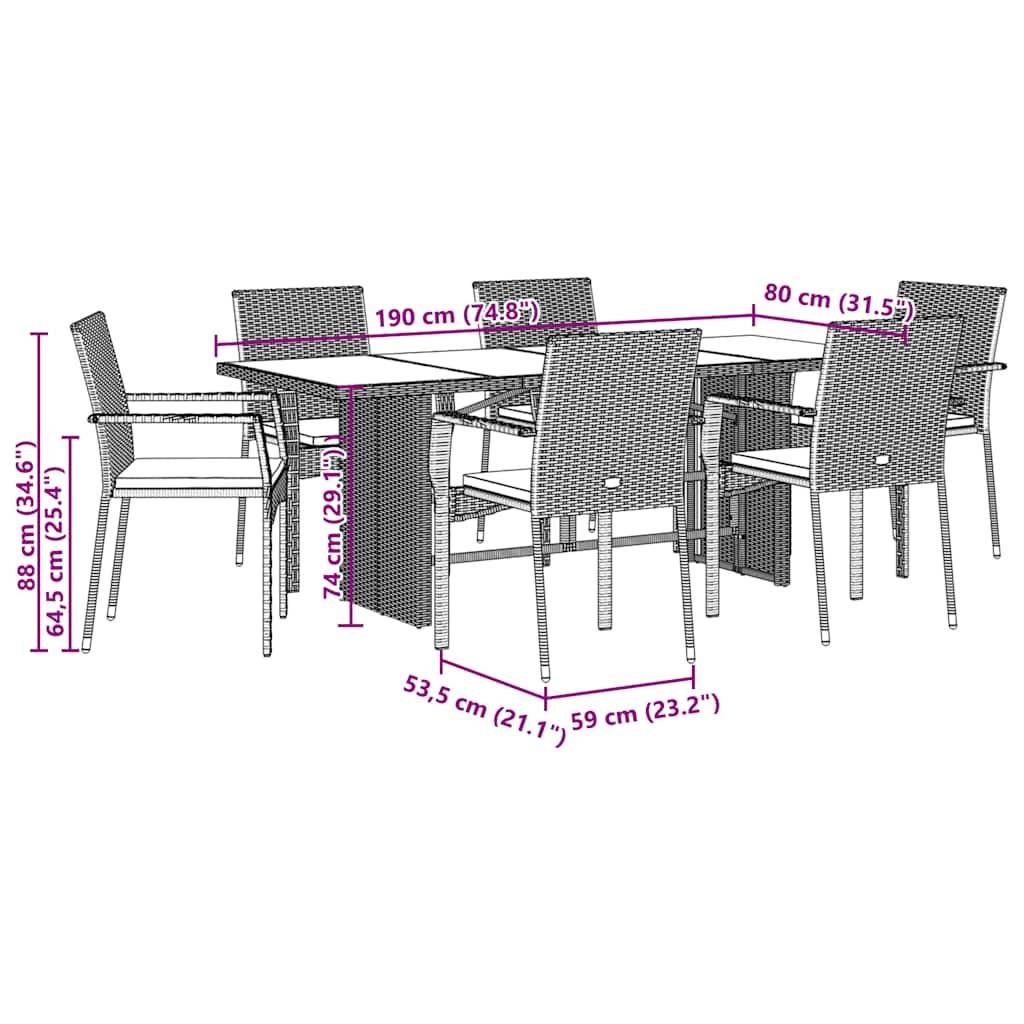 vidaXL 7-tlg. Garten-Essgruppe mit Kissen Schwarz Poly Rattan