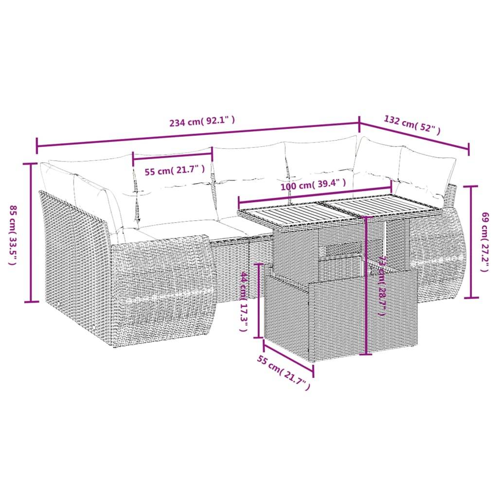 vidaXL 7-tlg. Garten-Sofagarnitur mit Kissen Schwarz Poly Rattan