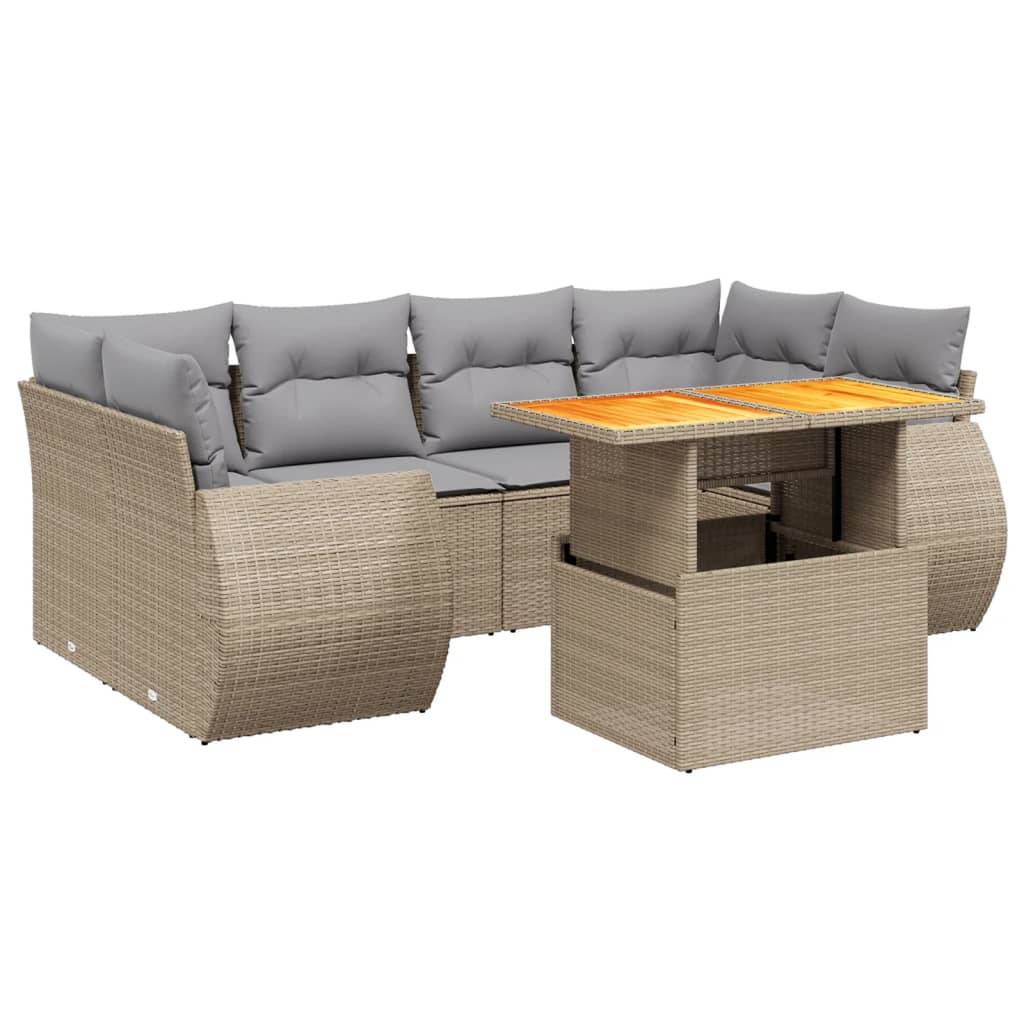 vidaXL 7-tlg. Garten-Sofagarnitur mit Kissen Beige Poly Rattan