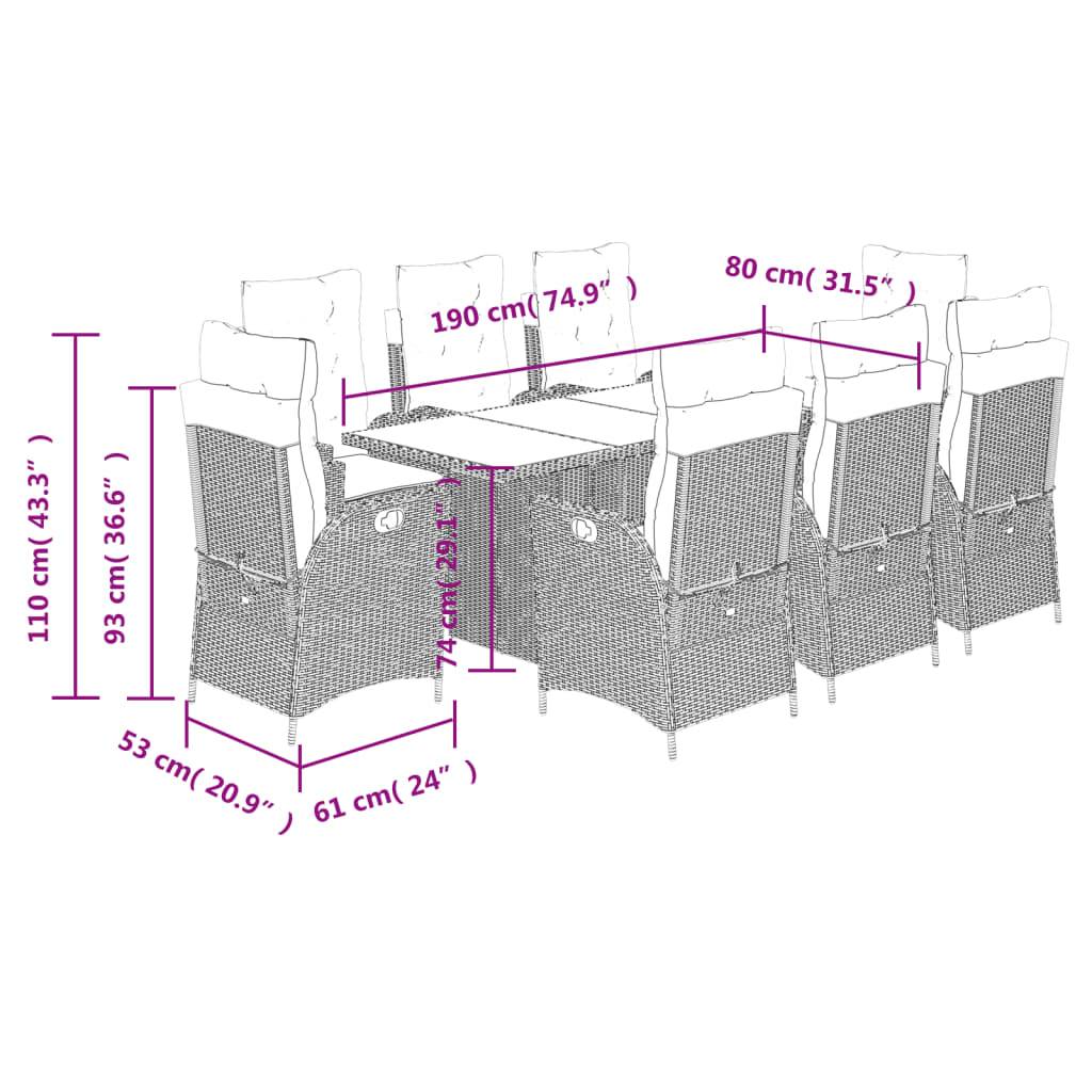 vidaXL 9-tlg. Garten-Essgruppe mit Kissen Braun Poly Rattan