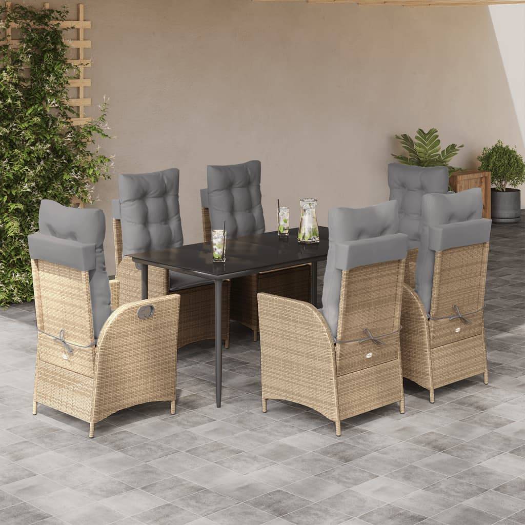 vidaXL 7-tlg. Garten-Essgruppe mit Kissen Beige Poly Rattan