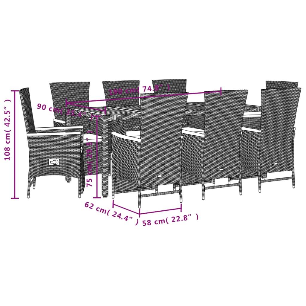 vidaXL 9-tlg. Garten-Essgruppe mit Kissen Schwarz Poly Rattan