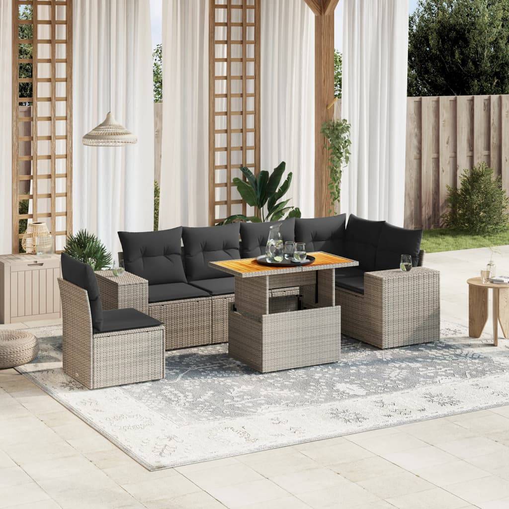 vidaXL 7-tlg. Garten-Sofagarnitur mit Kissen Grau Poly Rattan