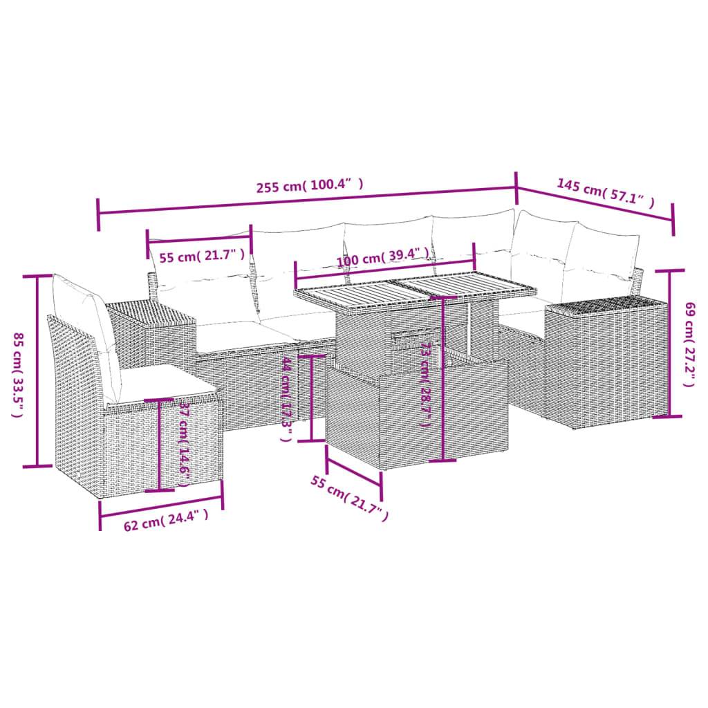vidaXL 7-tlg. Garten-Sofagarnitur mit Kissen Schwarz Poly Rattan