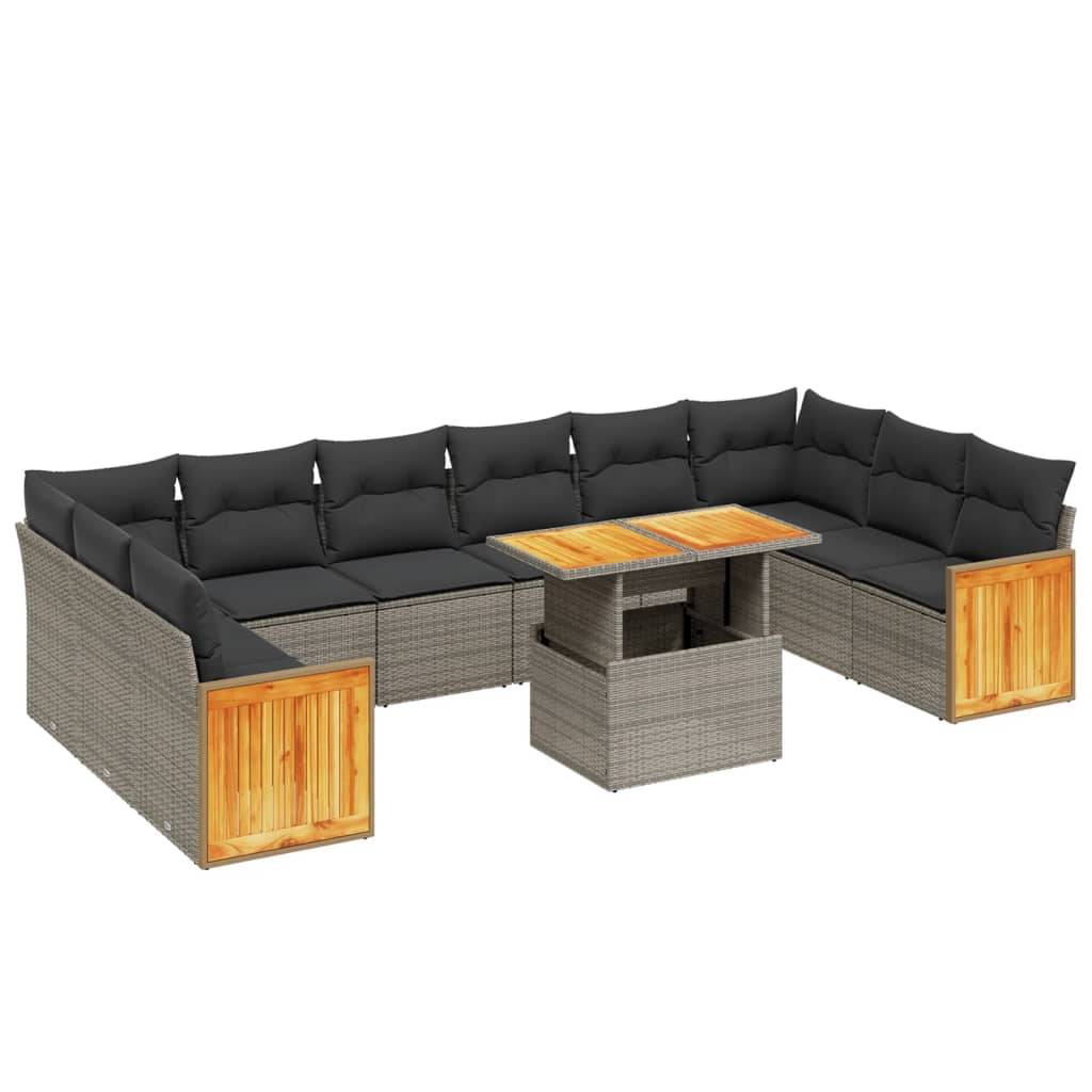 vidaXL 11-tlg. Garten-Sofagarnitur mit Kissen Grau Poly Rattan