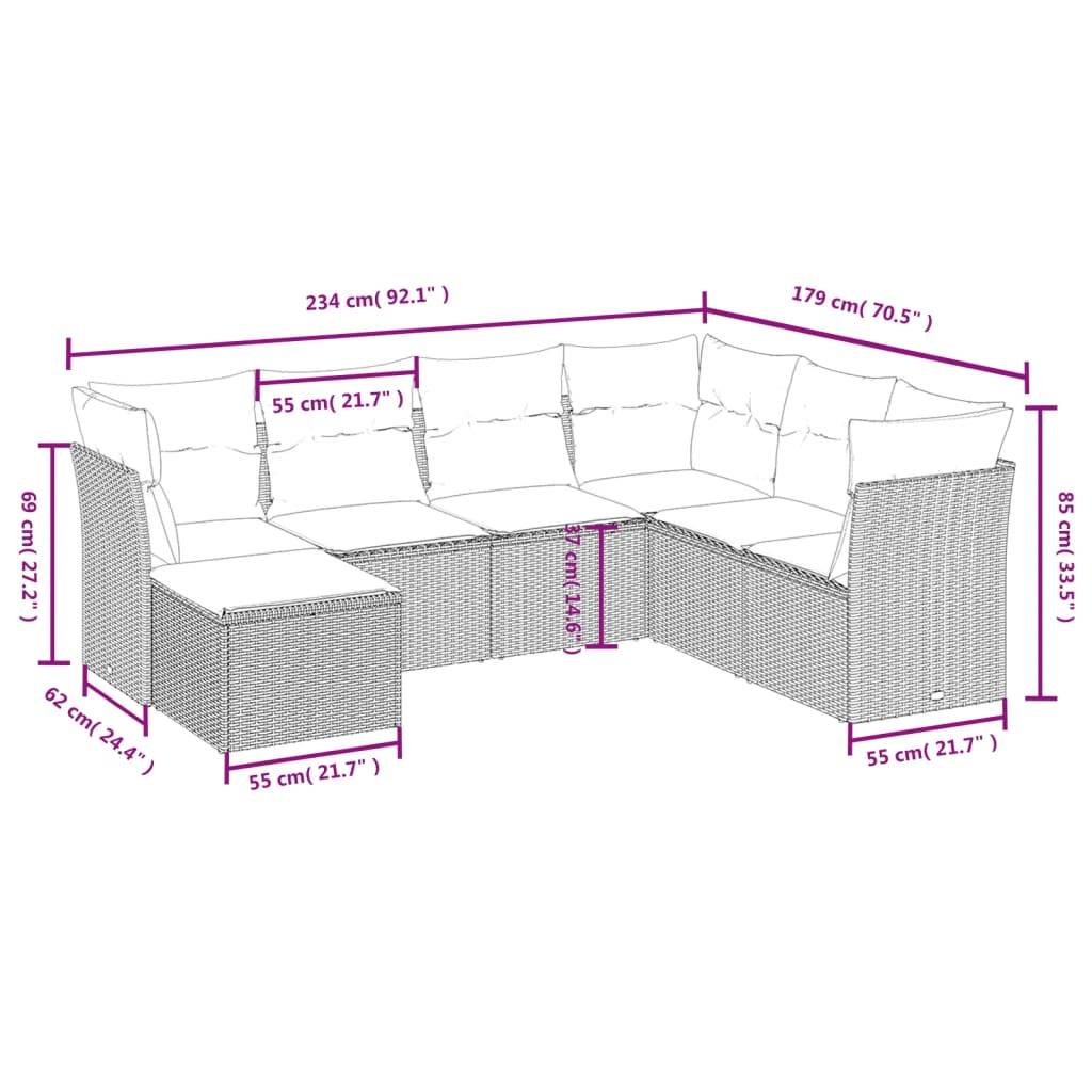 vidaXL 7-tlg. Garten-Sofagarnitur mit Kissen Schwarz Poly Rattan