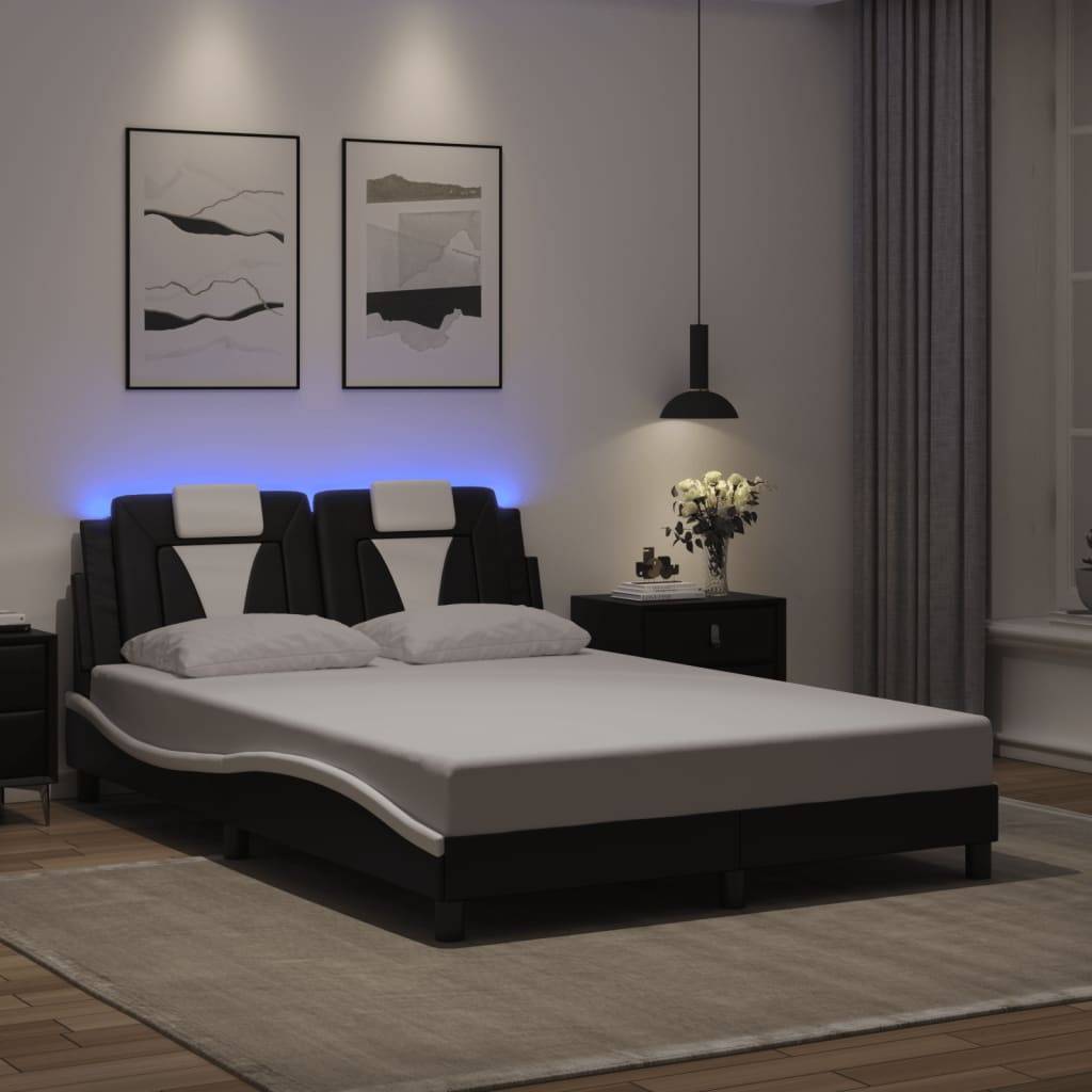 vidaXL Bettgestell mit LED Schwarz und Weiß 140x190 cm Kunstleder