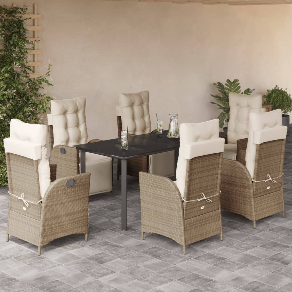 vidaXL 7-tlg. Garten-Essgruppe mit Kissen Beige Poly Rattan