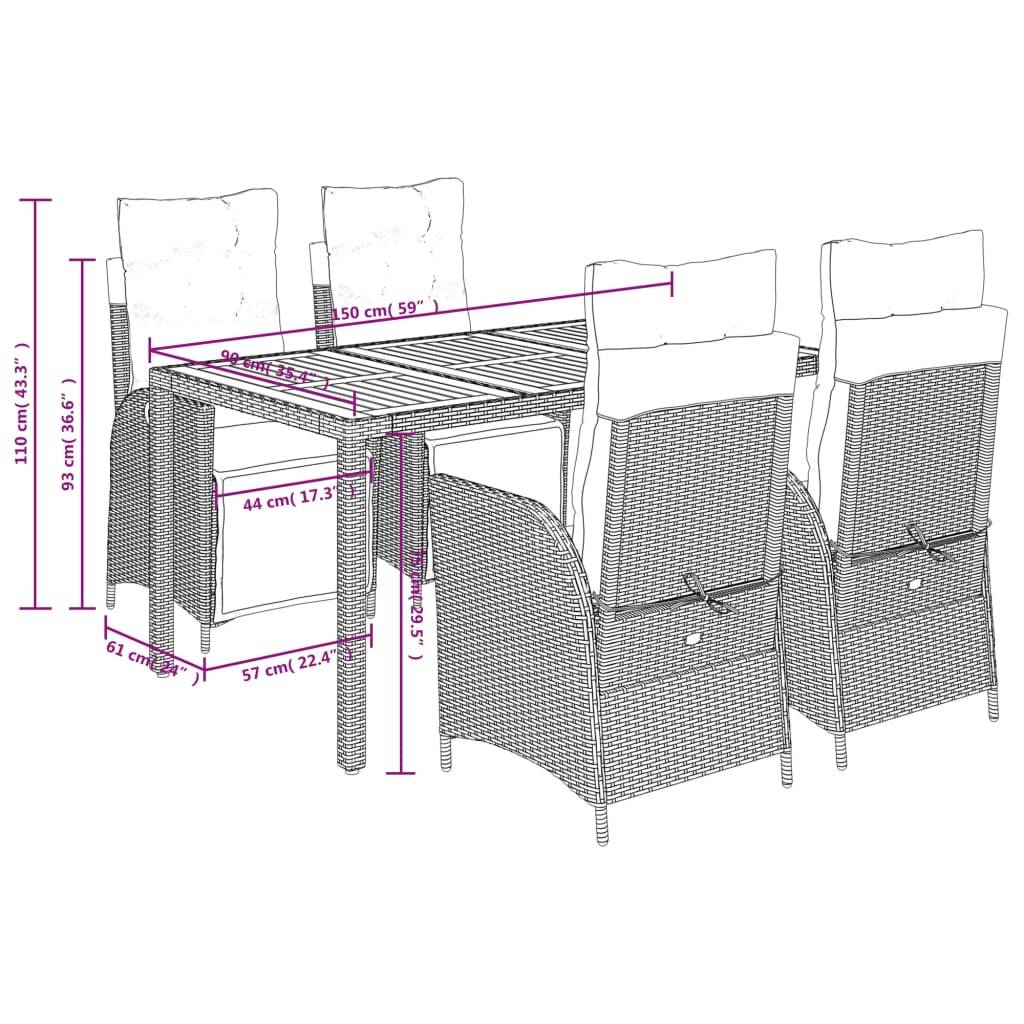 vidaXL 5-tlg. Garten-Essgruppe mit Kissen Grau Poly Rattan