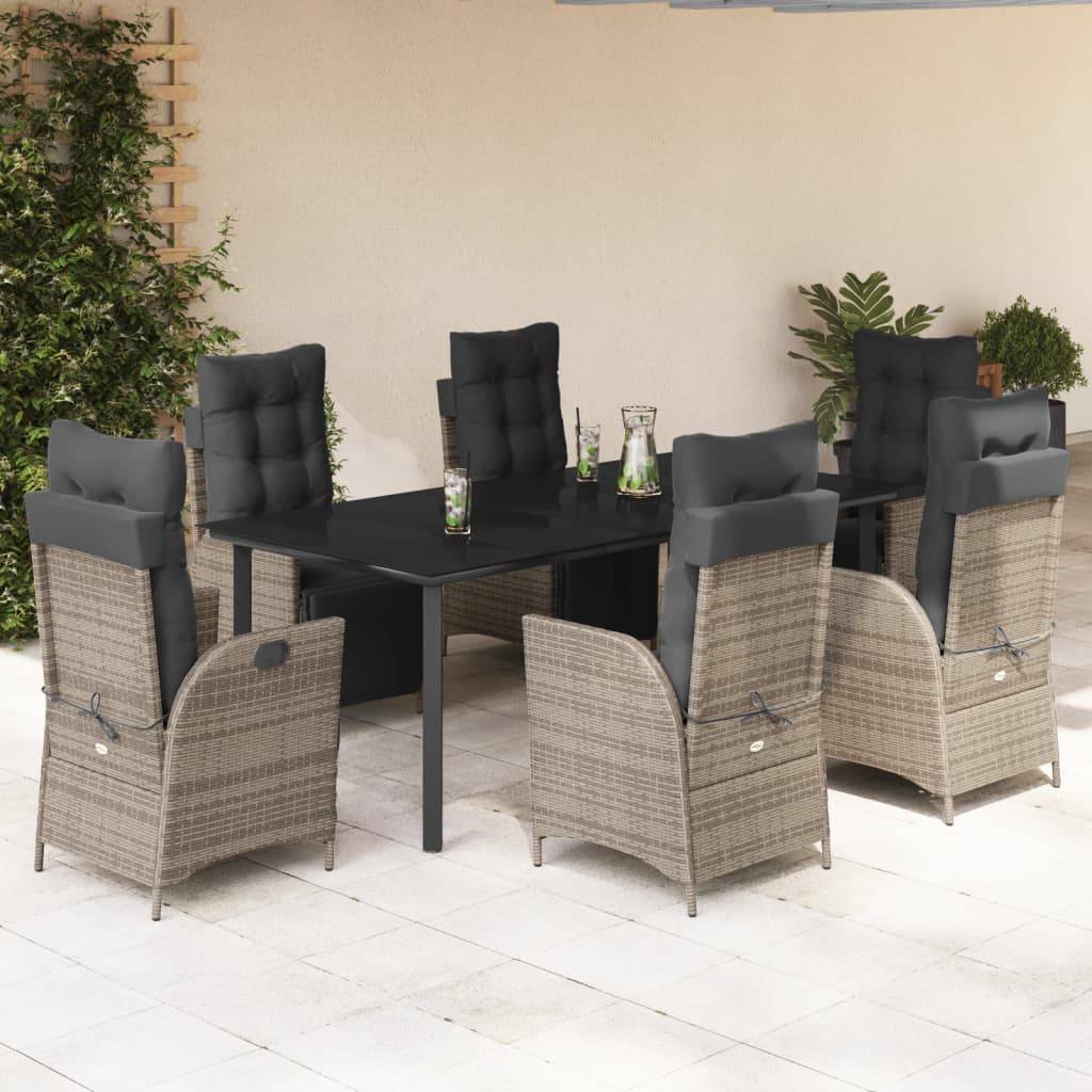 vidaXL 7-tlg. Garten-Essgruppe mit Kissen Grau Poly Rattan