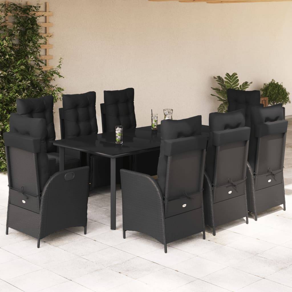 vidaXL 9-tlg. Garten-Essgruppe mit Kissen Schwarz Poly Rattan