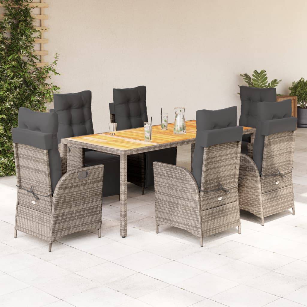 vidaXL 7-tlg. Garten-Essgruppe mit Kissen Grau Poly Rattan