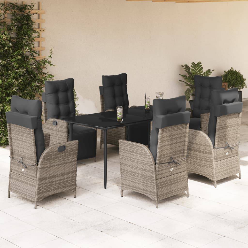 vidaXL 7-tlg. Garten-Essgruppe mit Kissen Grau Poly Rattan