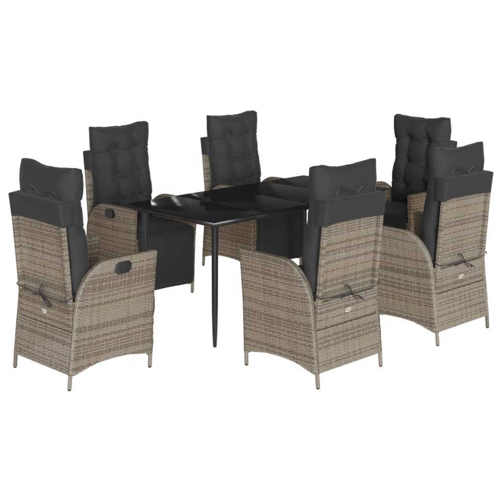 vidaXL 7-tlg. Garten-Essgruppe mit Kissen Grau Poly Rattan