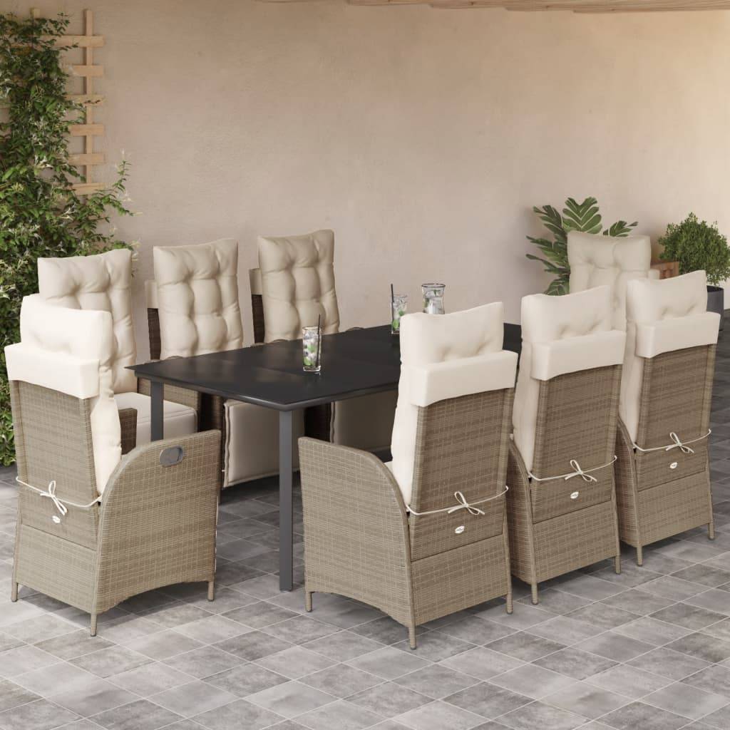 vidaXL 9-tlg. Garten-Essgruppe mit Kissen Beige Poly Rattan