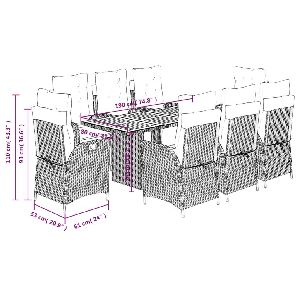 vidaXL 9-tlg. Garten-Essgruppe mit Kissen Schwarz Poly Rattan