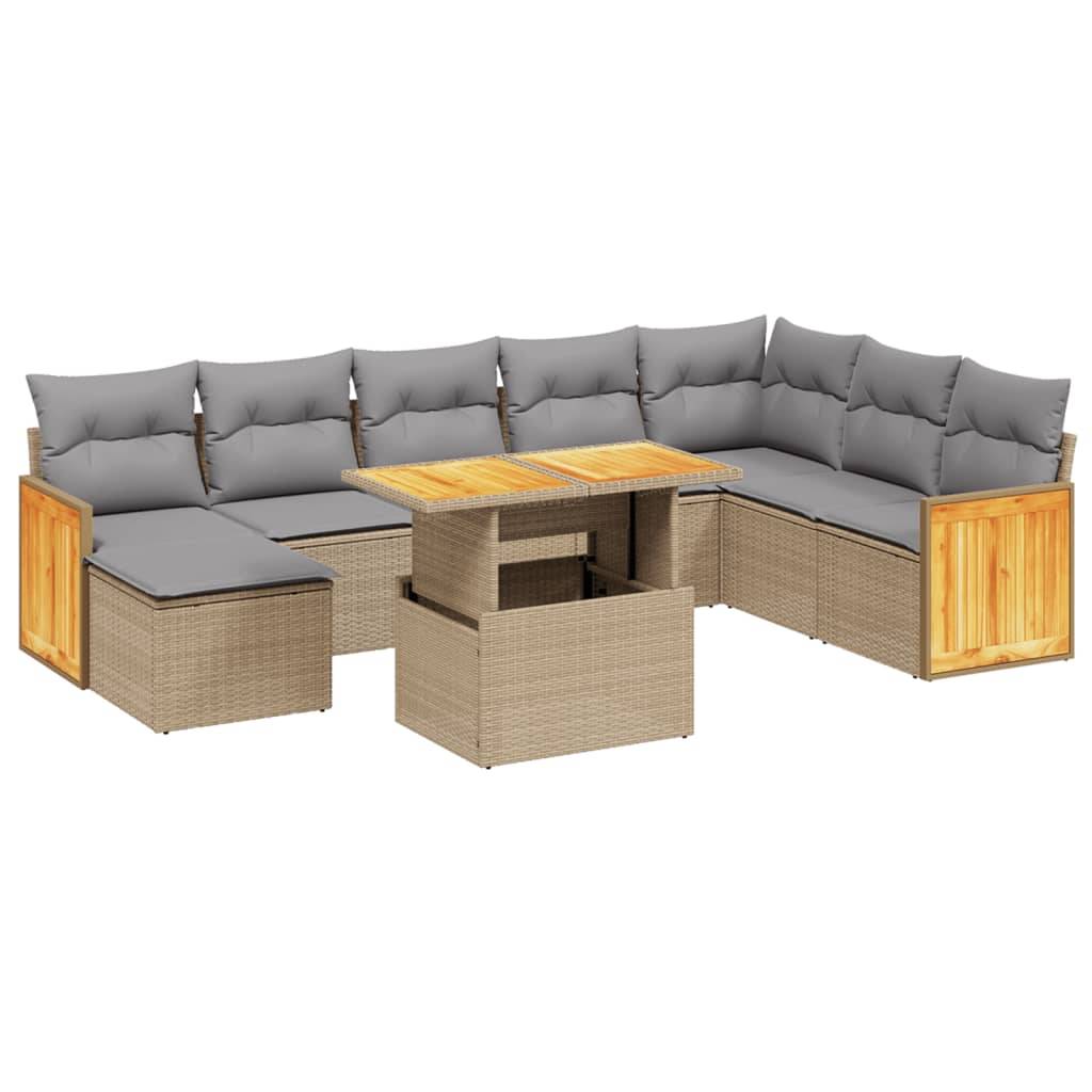 vidaXL 9-tlg. Garten-Sofagarnitur mit Kissen Beige Poly Rattan