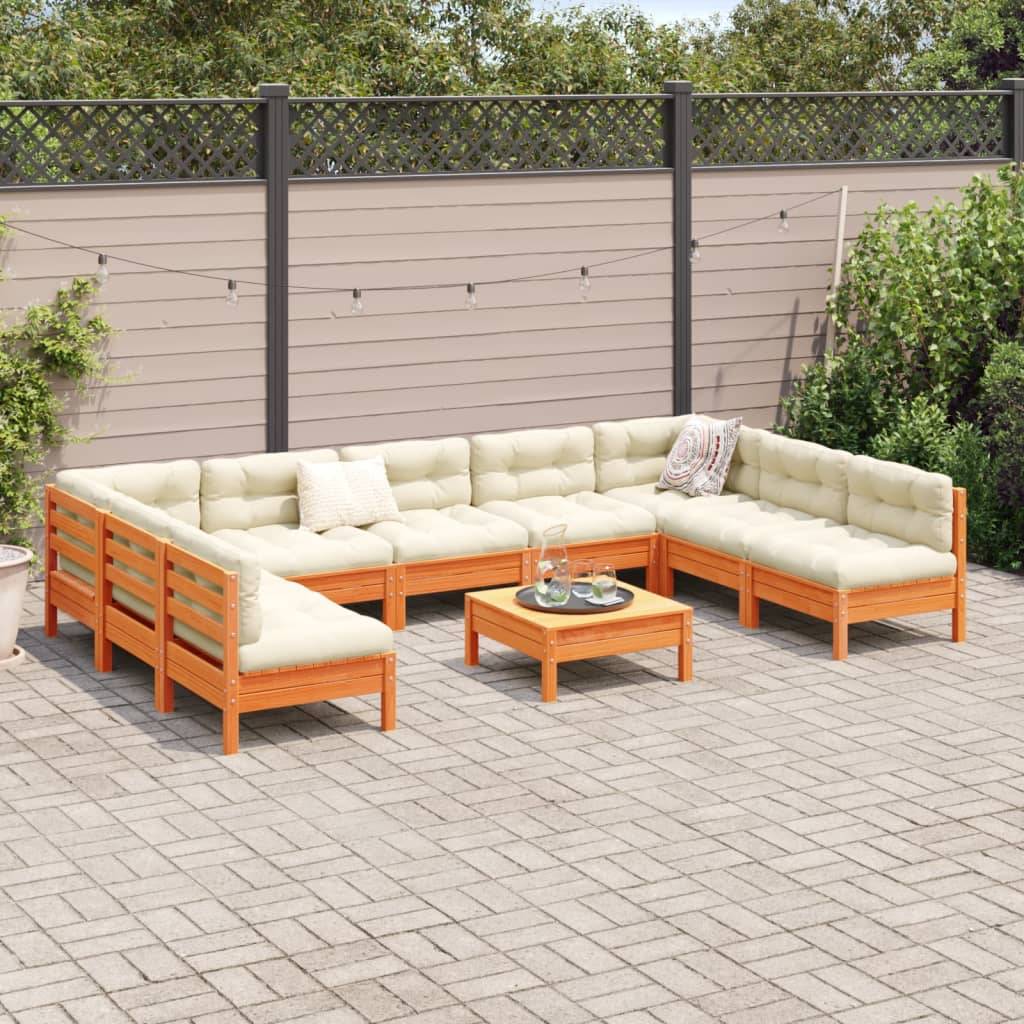vidaXL 10-tlg. Garten-Sofagarnitur mit Kissen Wachsbraun Kiefernholz
