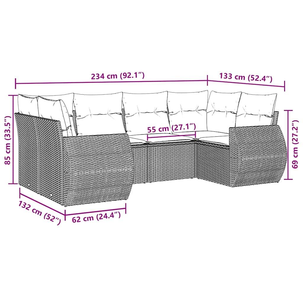 vidaXL 6-tlg. Garten-Sofagarnitur mit Kissen Schwarz Poly Rattan