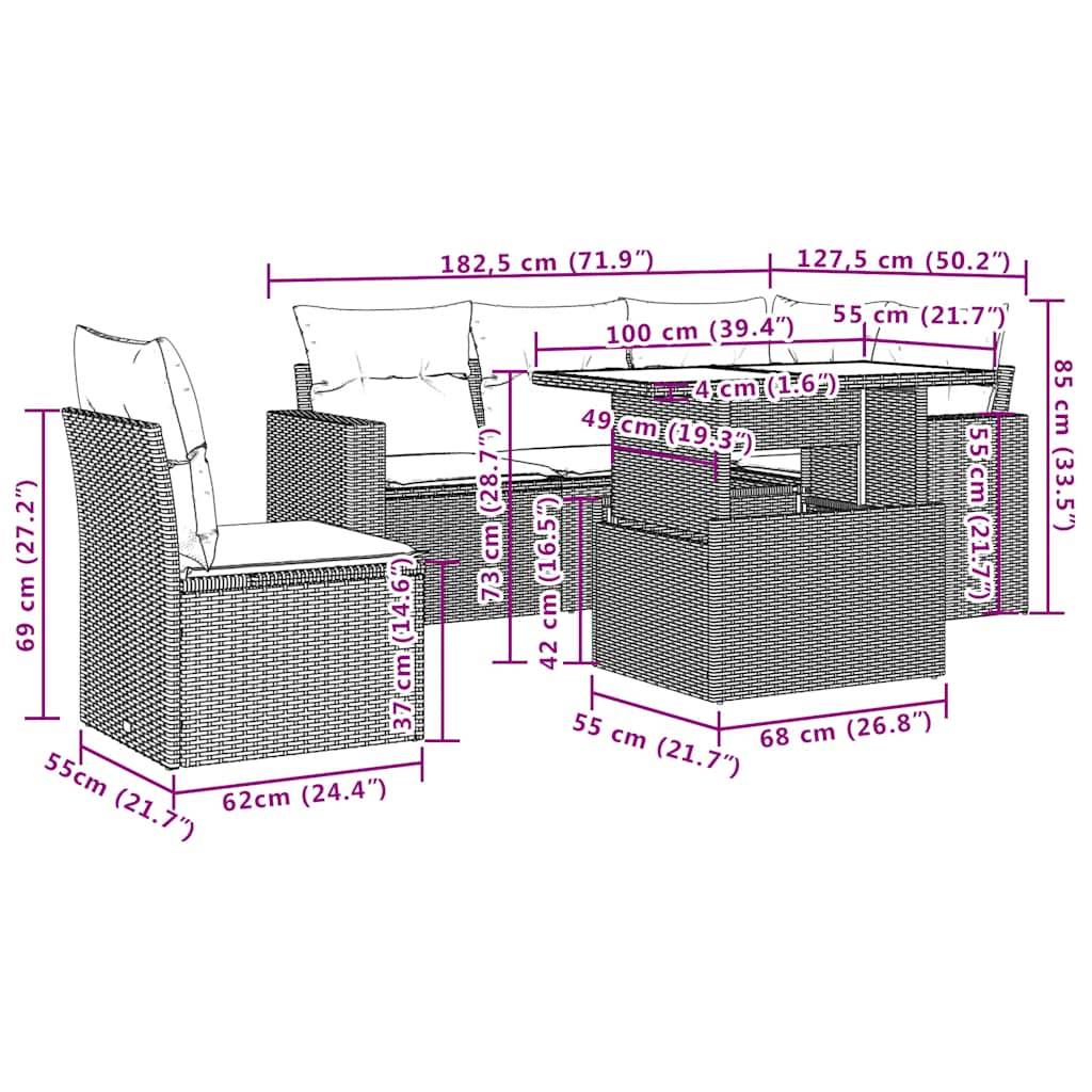 vidaXL 6-tlg. Garten-Sofagarnitur mit Kissen Schwarz Poly Rattan