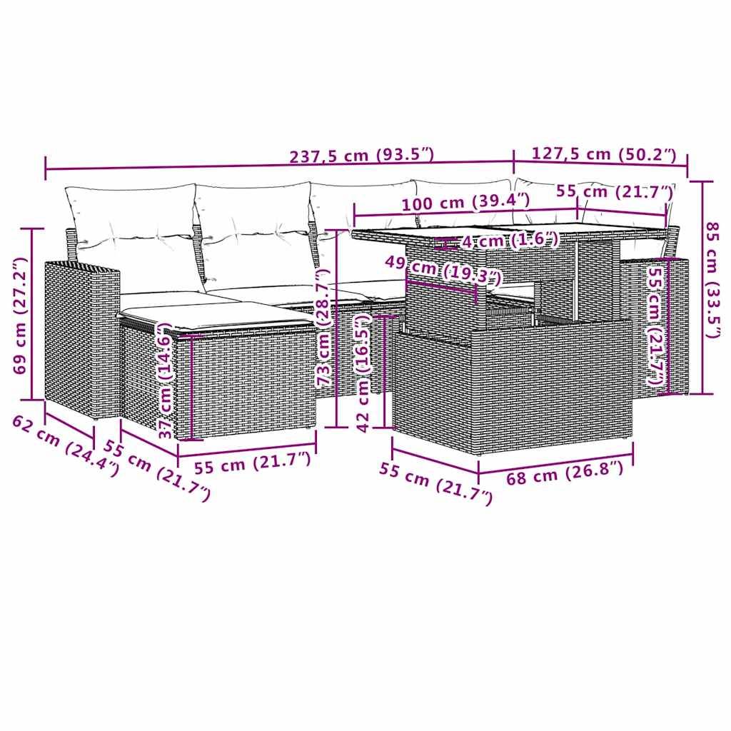 vidaXL 7-tlg. Garten-Sofagarnitur mit Kissen Schwarz Poly Rattan