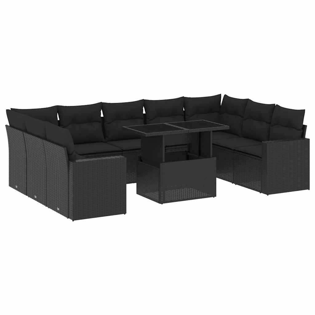 vidaXL 10-tlg. Garten-Sofagarnitur mit Kissen Schwarz Poly Rattan