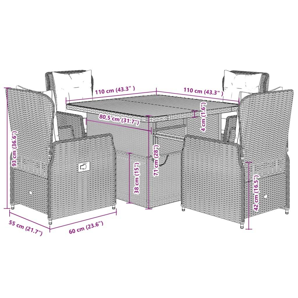 vidaXL 5-tlg. Garten-Essgruppe mit Kissen Grau Poly Rattan