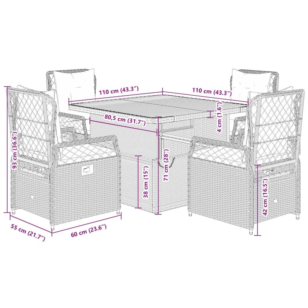 vidaXL 5-tlg. Garten-Essgruppe mit Kissen Schwarz Poly Rattan