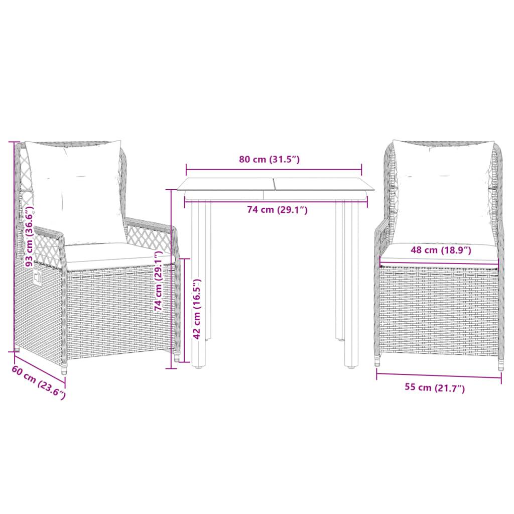 vidaXL 3-tlg. Garten-Essgruppe mit Kissen Braun Poly Rattan