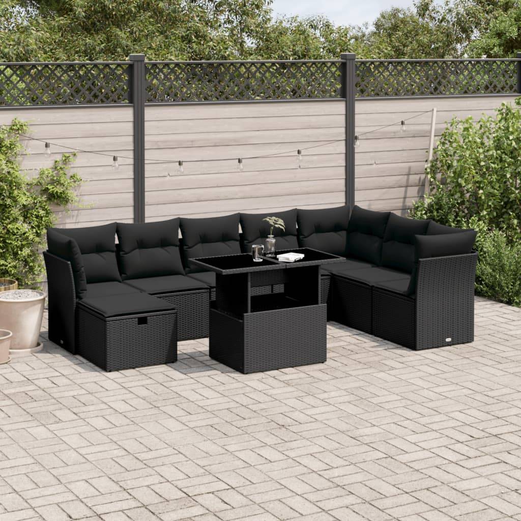 vidaXL 9-tlg. Garten-Sofagarnitur mit Kissen Schwarz Poly Rattan