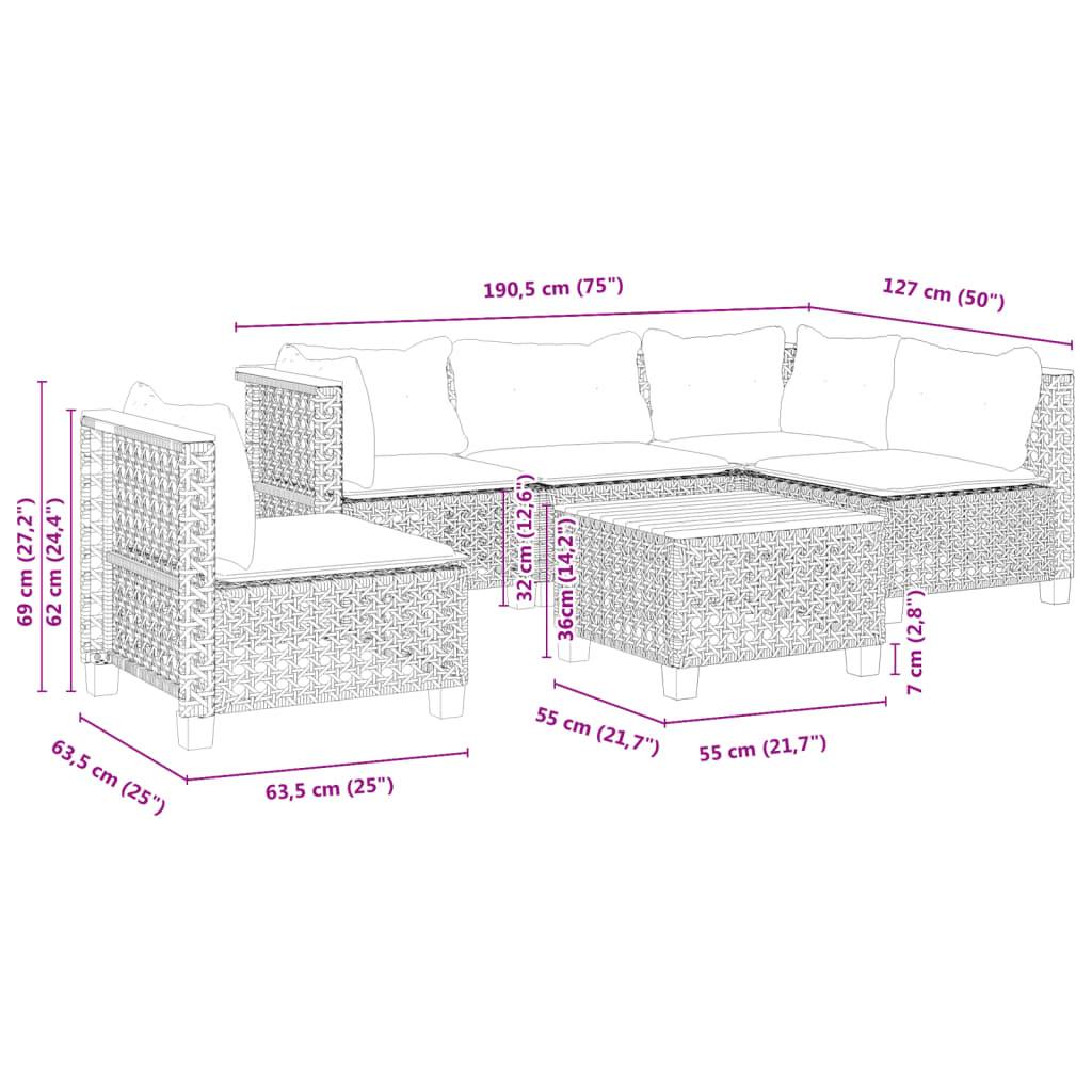vidaXL 6-tlg. Garten-Sofagarnitur mit Kissen Schwarz Poly Rattan