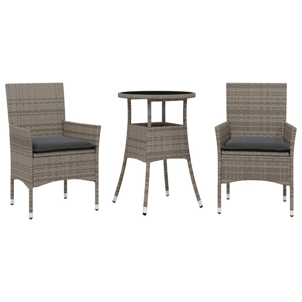 vidaXL 3-tlg. Garten-Essgruppe mit Kissen Grau Poly Rattan und Glas