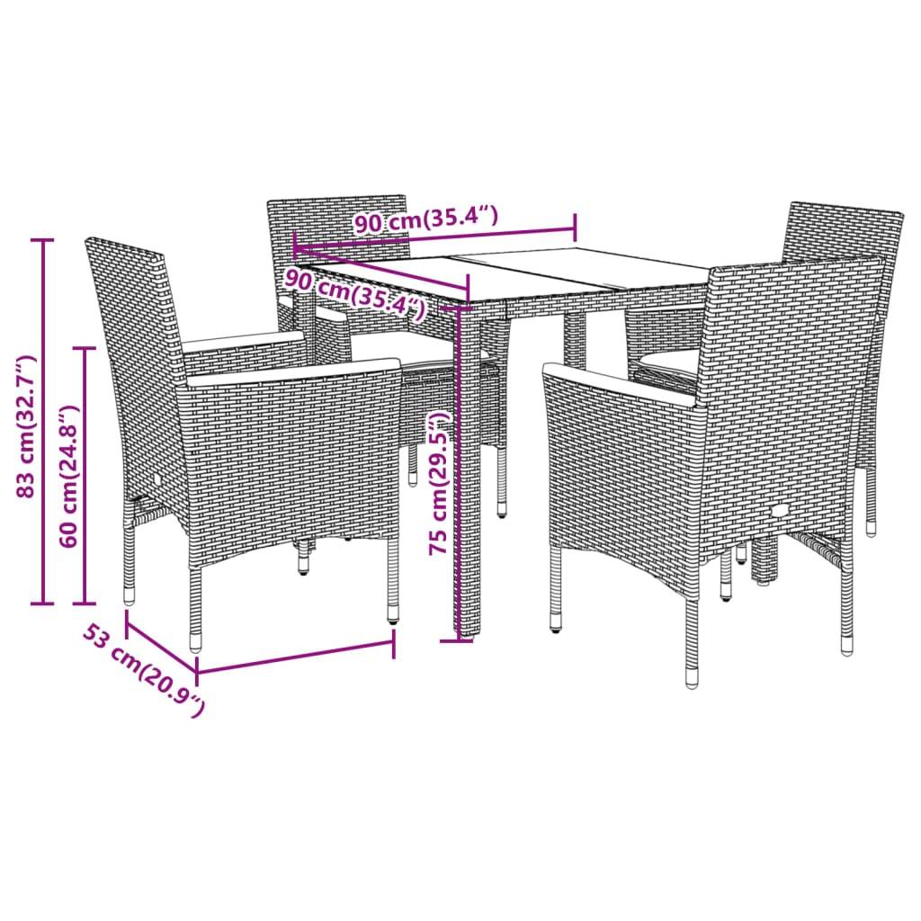 vidaXL 5-tlg. Garten-Essgruppe mit Kissen Grau Poly Rattan und Glas
